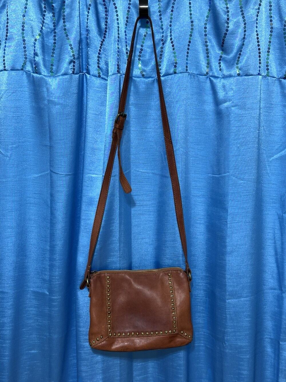 Vilenca Holland Studded Crossbody Brown Leather Bag Zip Top Pocket Leather Strap
